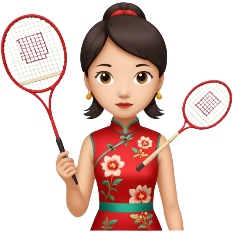 ancient cheongsam girl with 1 badminton racket, red emoji