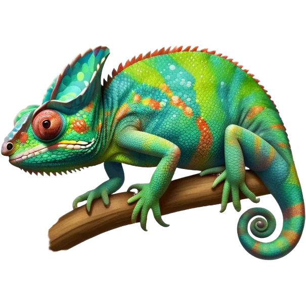 Giant chameleon on a branch, blending with vibrant greenery. Detailed scales in shifting colors, showing the chameleon’s ability to camouflage. Soft natural light highlights its texture. Nature background. Lush jungle background with vivid foliage, transparent background. emoji