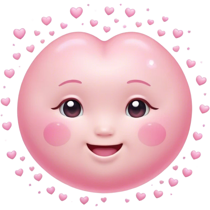 Cinematic floating soft heart, chubby round edges, pastel pink glow, tiny smiling face, surrounded by dreamy sparkles, gentle and loving. emoji