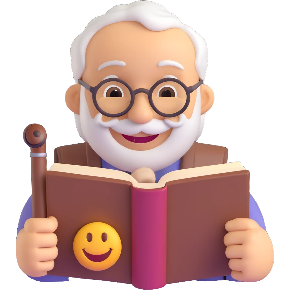 3D smiley emoji, round shape, grandfather with a pipe and a book, brown color, smiling face emoji