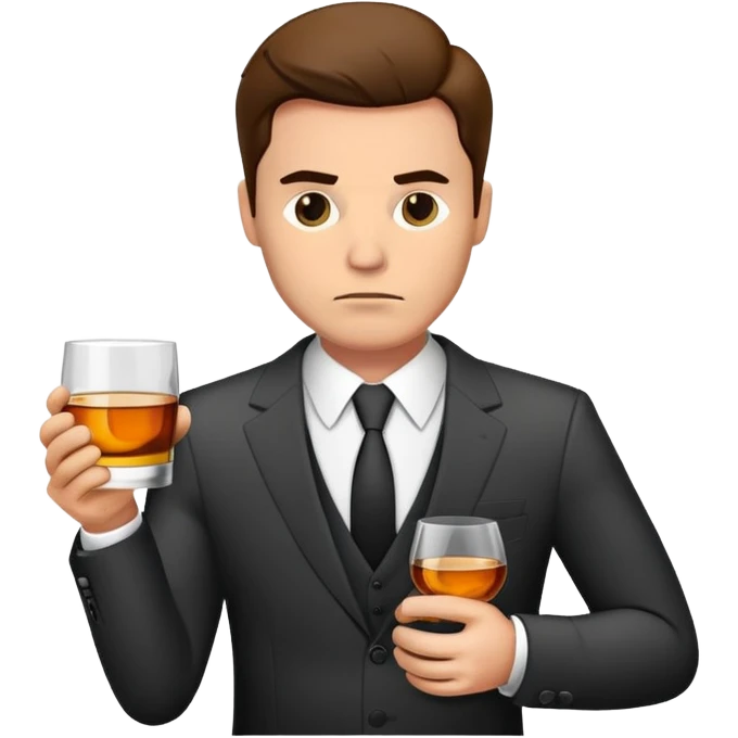 businessman in suit holding a glass of whiskey, looking tired emoji