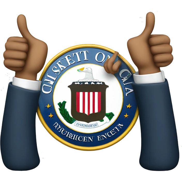 Cia logo saying cia inside. 2 arms the one holding glasses over the middle of the logo and the other gives a thumbs up  emoji