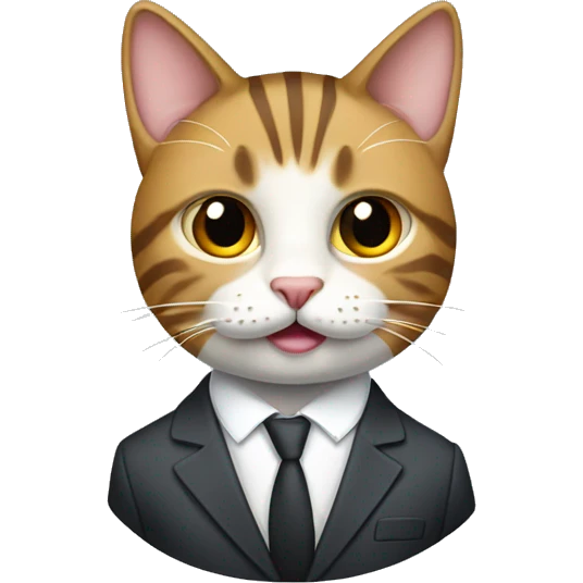 Tabby cat with white lower half in a suit emoji