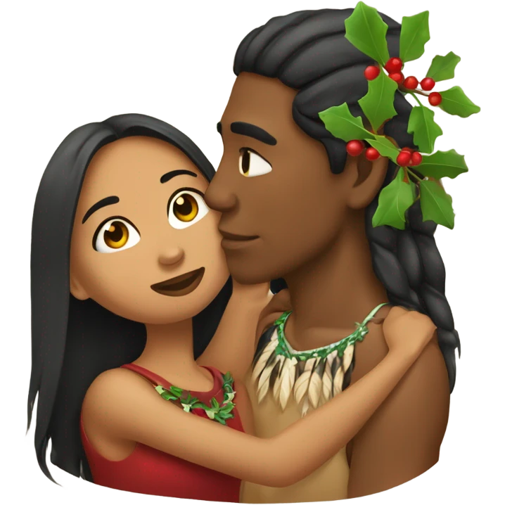 Native American girl kissing light skin man under a mistletoe emoji