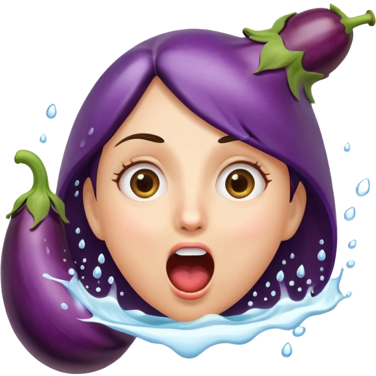 woman with open mouth, eggplant squirting water, surprised expression emoji