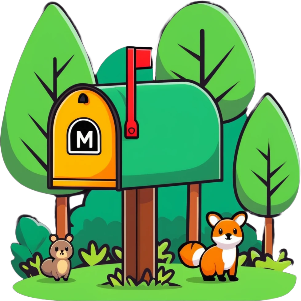 forest mailbox with tiny animal letters, cozy woodland theme, cartoonish sticker style, bright and playful emoji