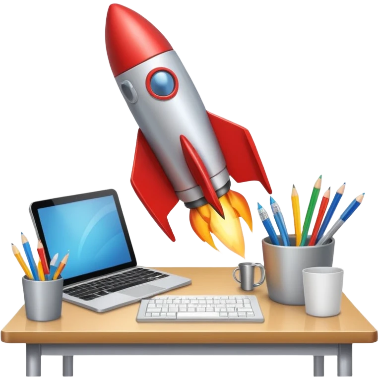 rocket taking off from a desk with office supplies, representing a business launch, clean modern emoji style emoji