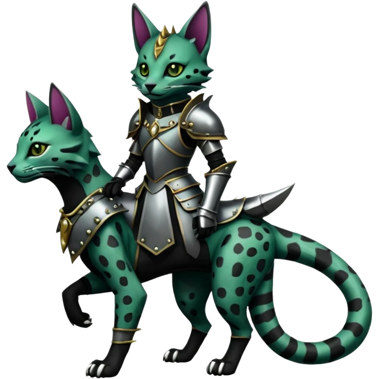 Epic complex detailed dark dusky gloomy deep gothic dark-deep-green, black, realistic Fakémon-Sprigatito-Floragato-Meowscarada-Trico-Sergal-Serval-Vernid-creature (full body) with armor and metal knight collar emoji