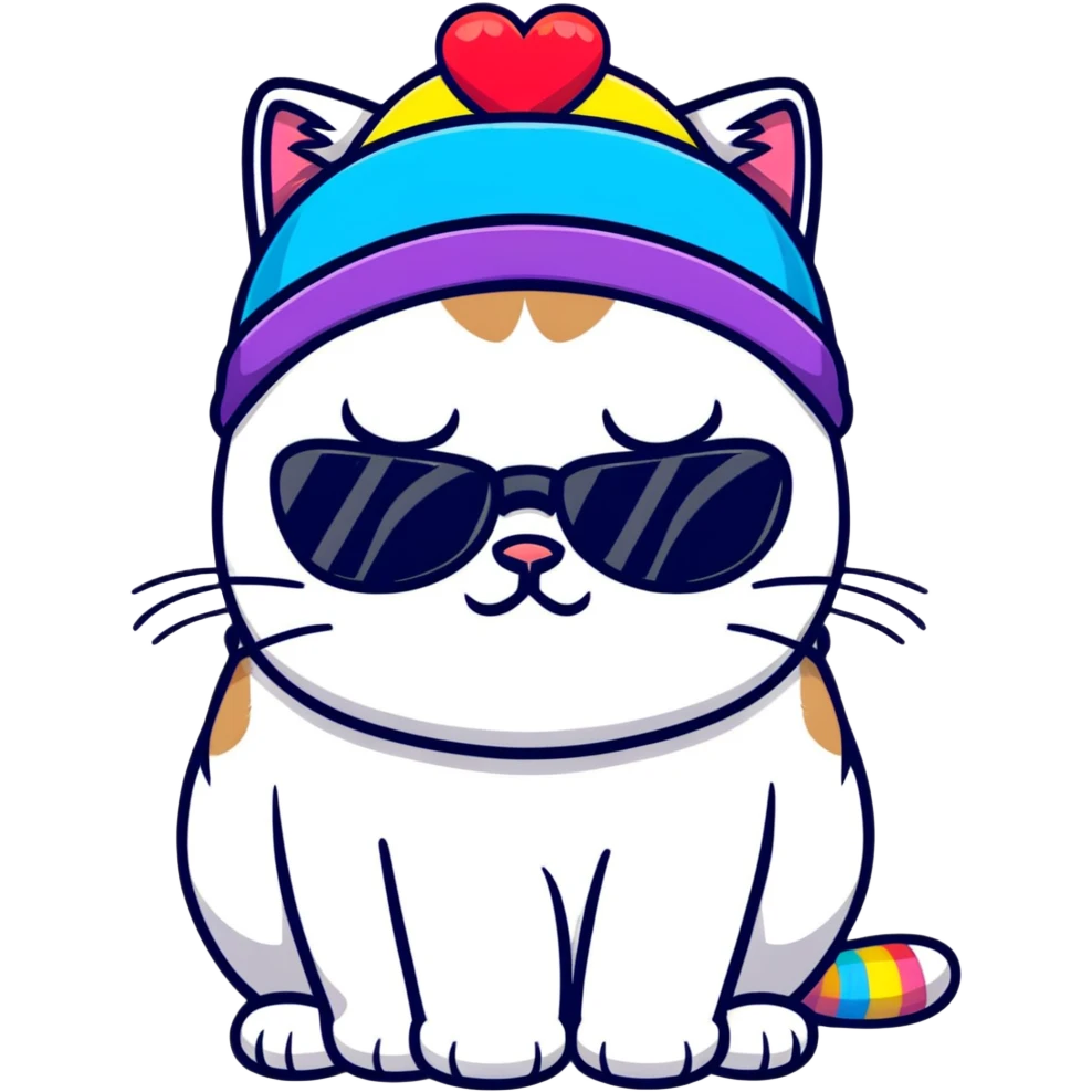grumpy cat wearing a rainbow beanie and heart-shaped sunglasses emoji