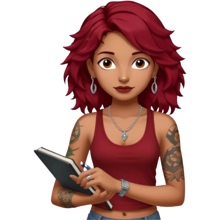 a pretty tan indian bratz girl with messy dark wavyred hair, wearing a dark red tank top, layered silver necklaces. Carrying multiple sketchbooks and pens, tattoos on arm emoji