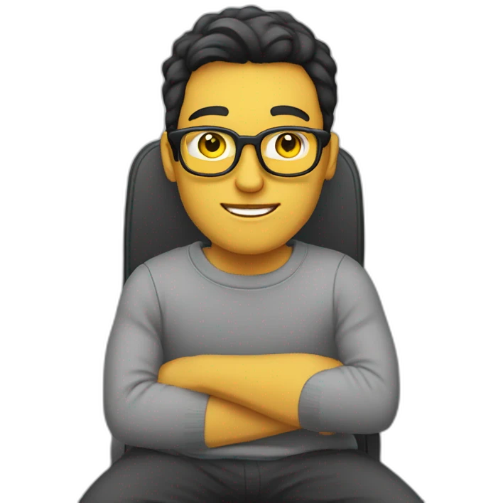 White man with yellow tinted glasses and black hair in a gray jumper and sitting on a chair emoji