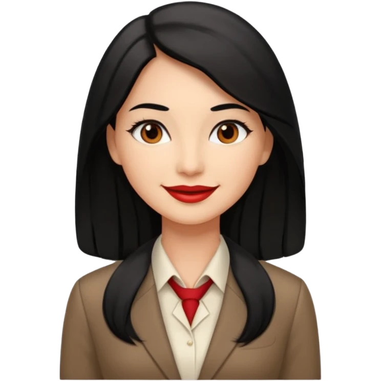 a woman with office outfits and smile, her hair is long black hair, her eyes are soft brown color and the color of her lip is soft red emoji