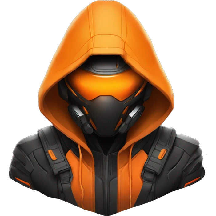 Side view developer behind his laptop with this style : crysis Cyberpunk Valorant orange glowing bright orange character orange black hooded assassin themed character emoji