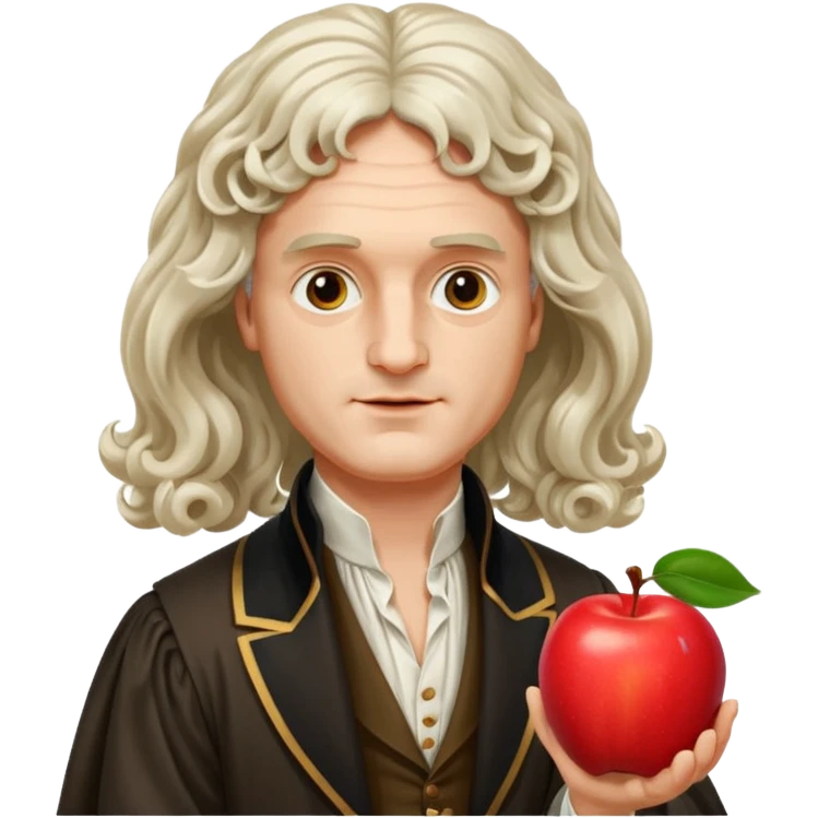 Isaac Newton wearing aristocratic attire with long curled periwig, hold an apple emoji