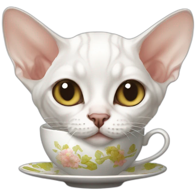 Slim white devon rex drinking tea emoji