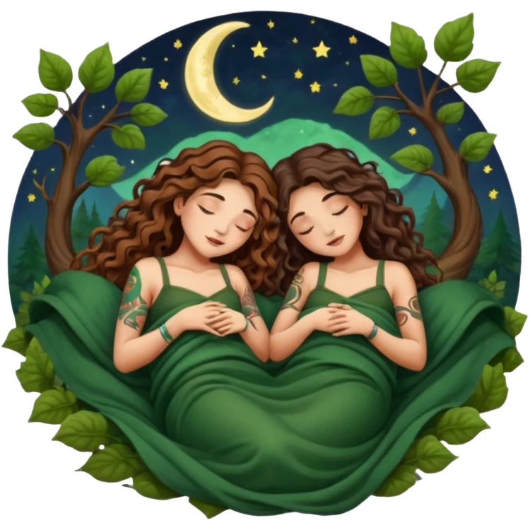 two forest alchemist women — one with long wavy brown hair and tattoos, one with short tight curly brown hair — sleeping back to back under leaf blanket crescent moon above emoji