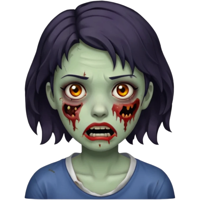 Zombie girl with bruises, she has a dark short wavy hair, she has a tired expression and dark eyes, she has dark circles too, her mouth is ripped emoji