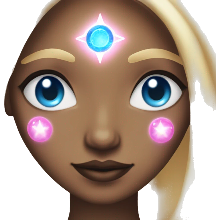 magical diva with thin pink andromedan face long blonde hair and blue eyes glowing third eye emoji