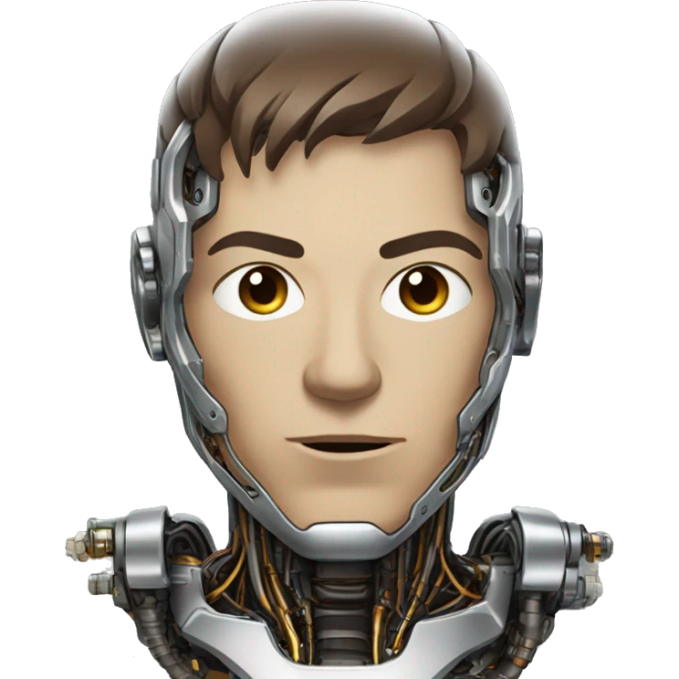 Male cyborg head with metallic plated face, short brown hair and circuitry emoji