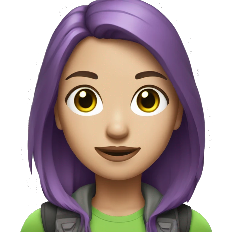 woman gamer with green eyes, brown ash hair with purple inner hightlight hair emoji