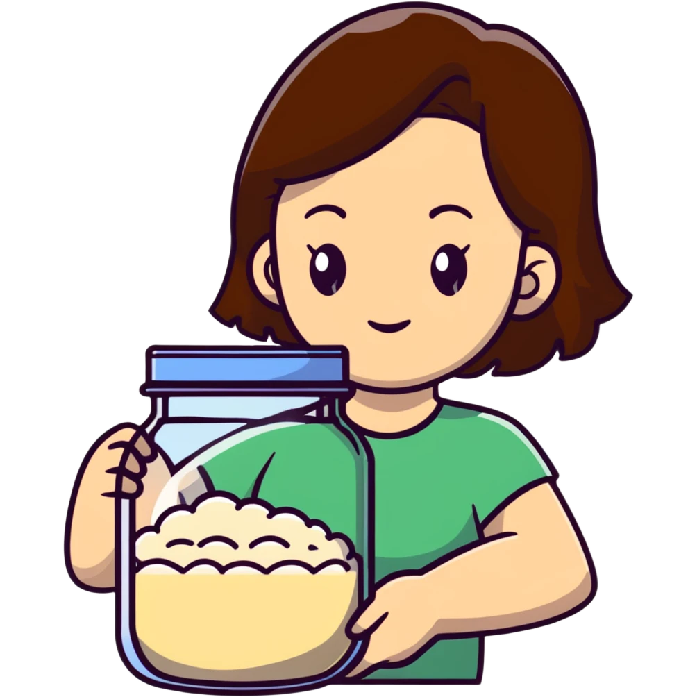 designer woman with brown hair holding a big glass jar of rice emoji