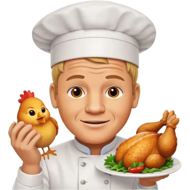 Gordon Ramsay cheerful, showing off a perfectly cooked chicken on a plate, chef uniform emoji