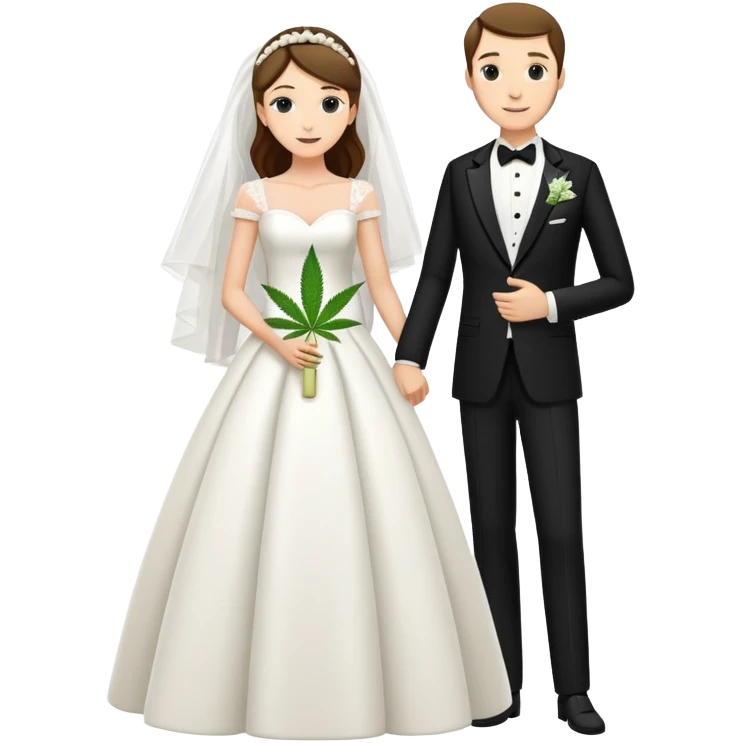 A bride in white wedding dress and groom in tuxedo, full body, sharing cannabis, wedding couple, different pose emoji
