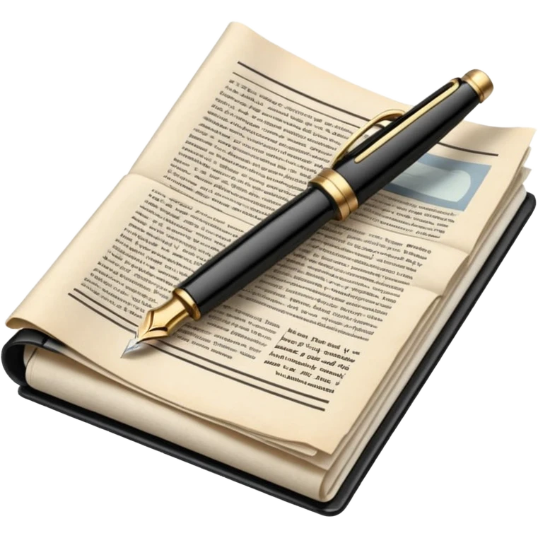 an open newspaper or a stack of articles with visible text columns, symbolizing opinion pieces and analysis. A classic fountain pen should be placed near the papers, indicating the act of writing. Use neutral colors like black, white, and beige. emoji