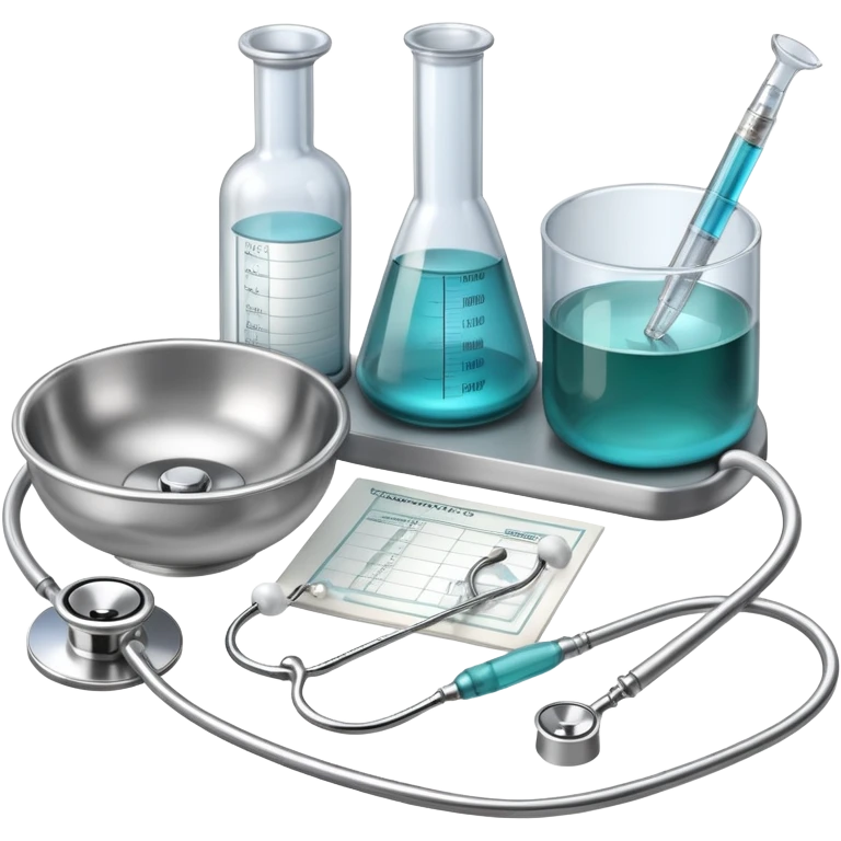 An icon featuring the Bowl of Hippocrates, a syringe, and a stethoscope, symbolizing medicine. The design includes a medical chart and lab tools, representing the practice of healing, diagnosis, and patient care. Transparent background highlights the science and ethics of medicine. emoji
