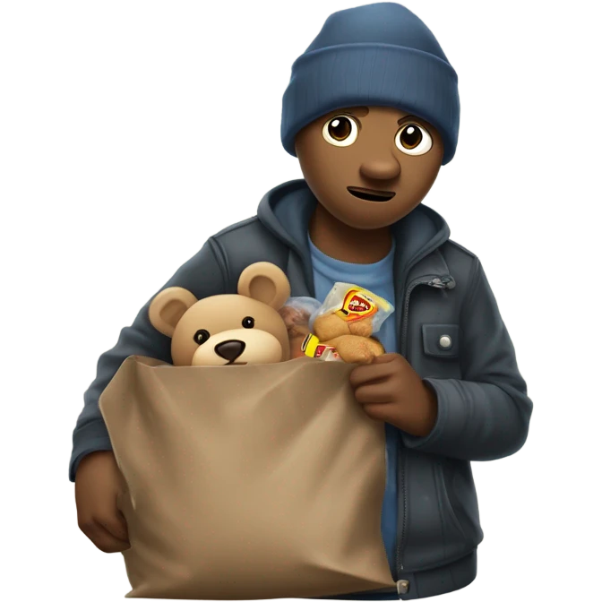 A clumsy and tender-hearted burglar, dressed in mismatched clothes, with a nervous yet kind expression, holding a sack of stolen goods spilling out with harmless items like teddy bears and cookies. emoji