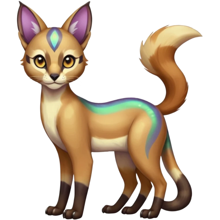 Colorful iridescent Asian painted anime-styled big-eyed shiny glorious divine marked exotic cool beautiful realistic Meloetta-caracal-civet-sergal-oncilla-animal-Fakémon-hybrid-fursona (full body) emoji