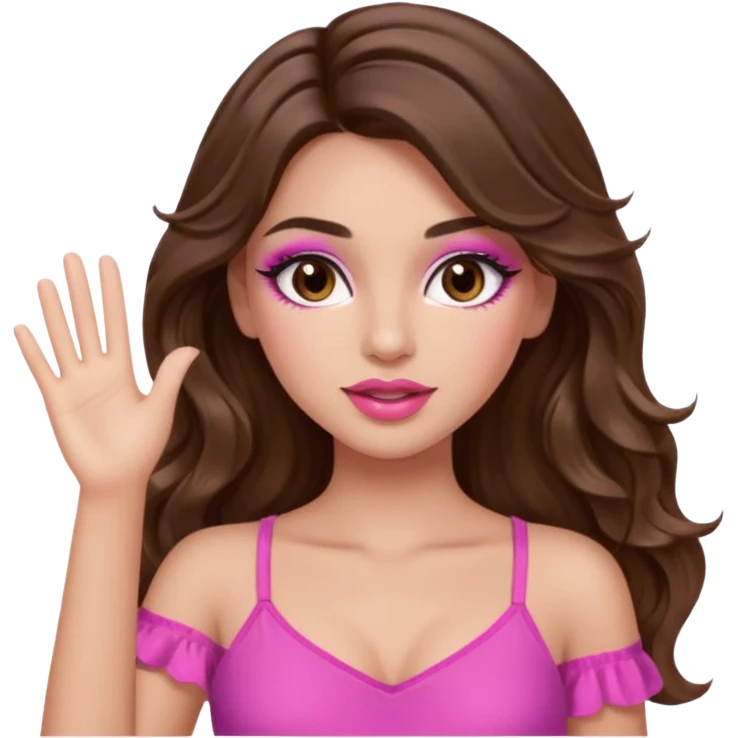 girl with long wavy brown hair, brown eyes, long lashes makeup, sexy pink lips, light to medium complexion, wearing a pink sexy top, one hands in the air high emoji