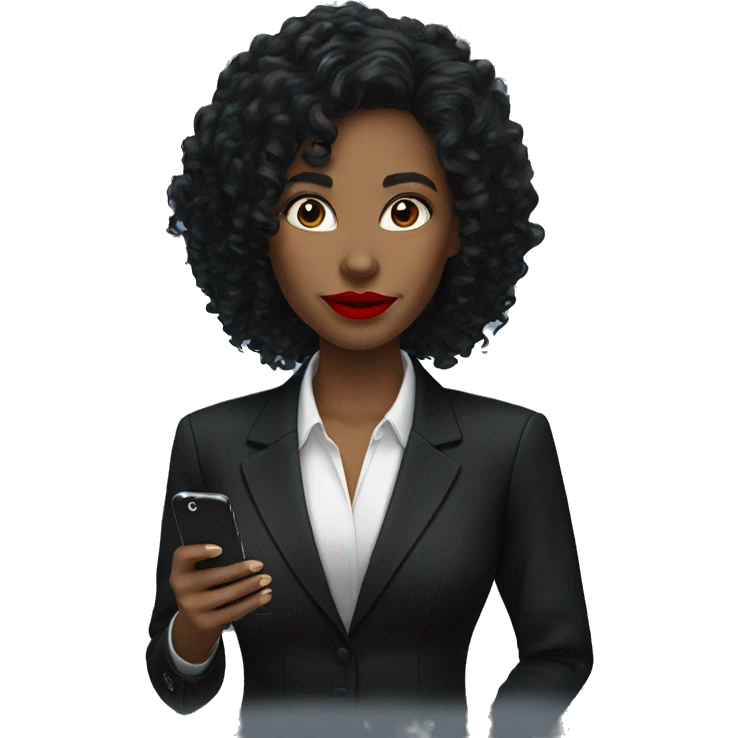 corporate white woman, red lipstick, long black curly hair, with a phone, black shirt, black blazer  emoji