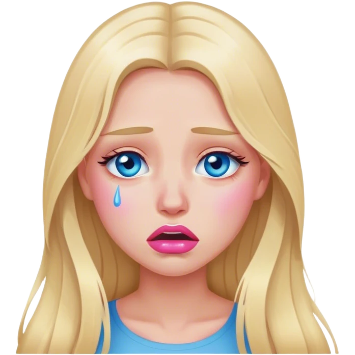 A beautiful blonde girl with long hair, blue eyes, pink lips is crying emoji