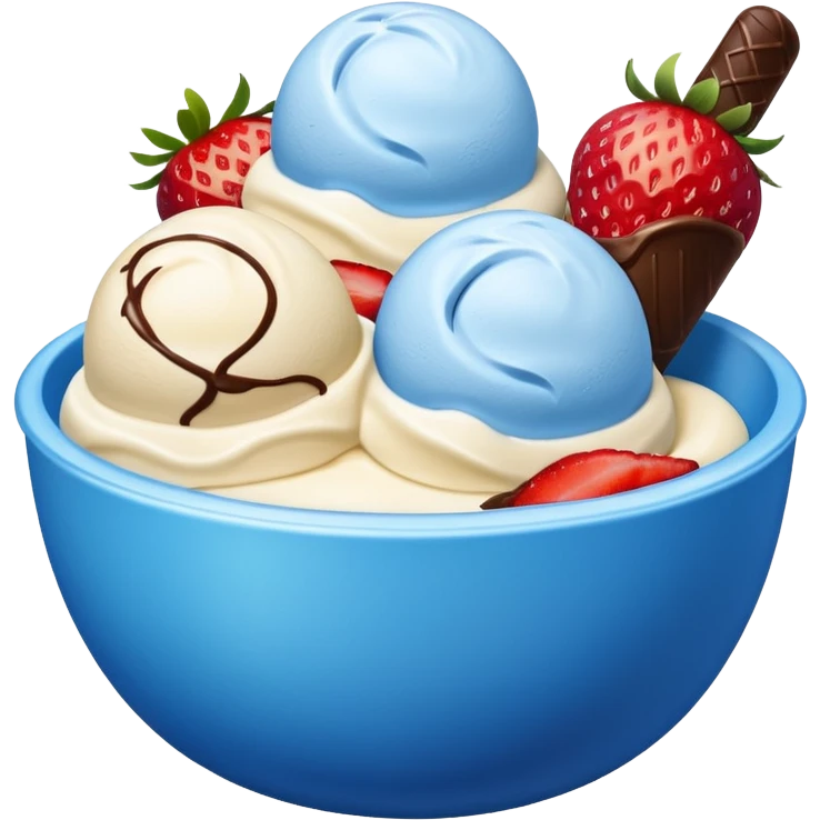 Blue bowl with just 3 scoops of ice cream in it: white, brown, and pink emoji