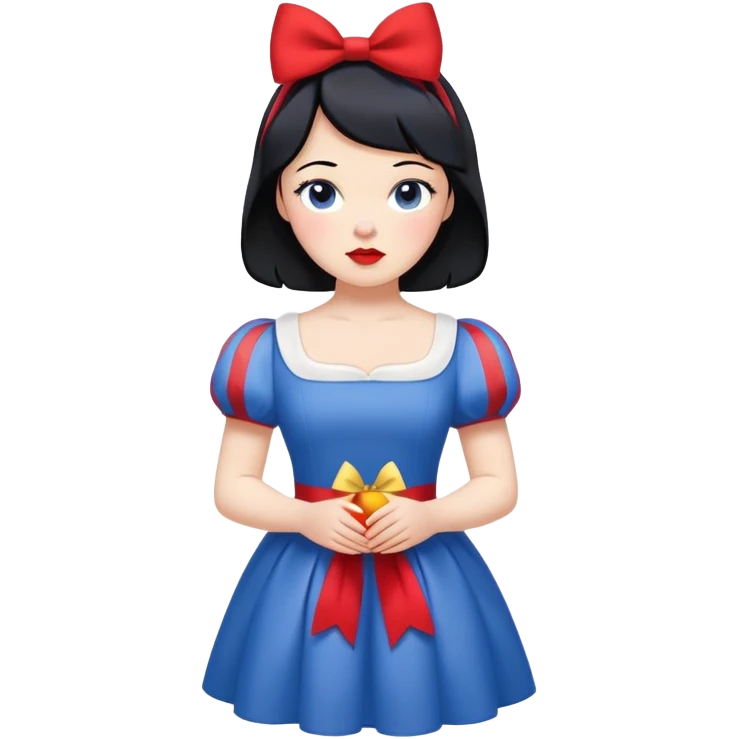 Snow White from hips up, blue and yellow dress, short black hair with red bow, minimal style, larger size emoji