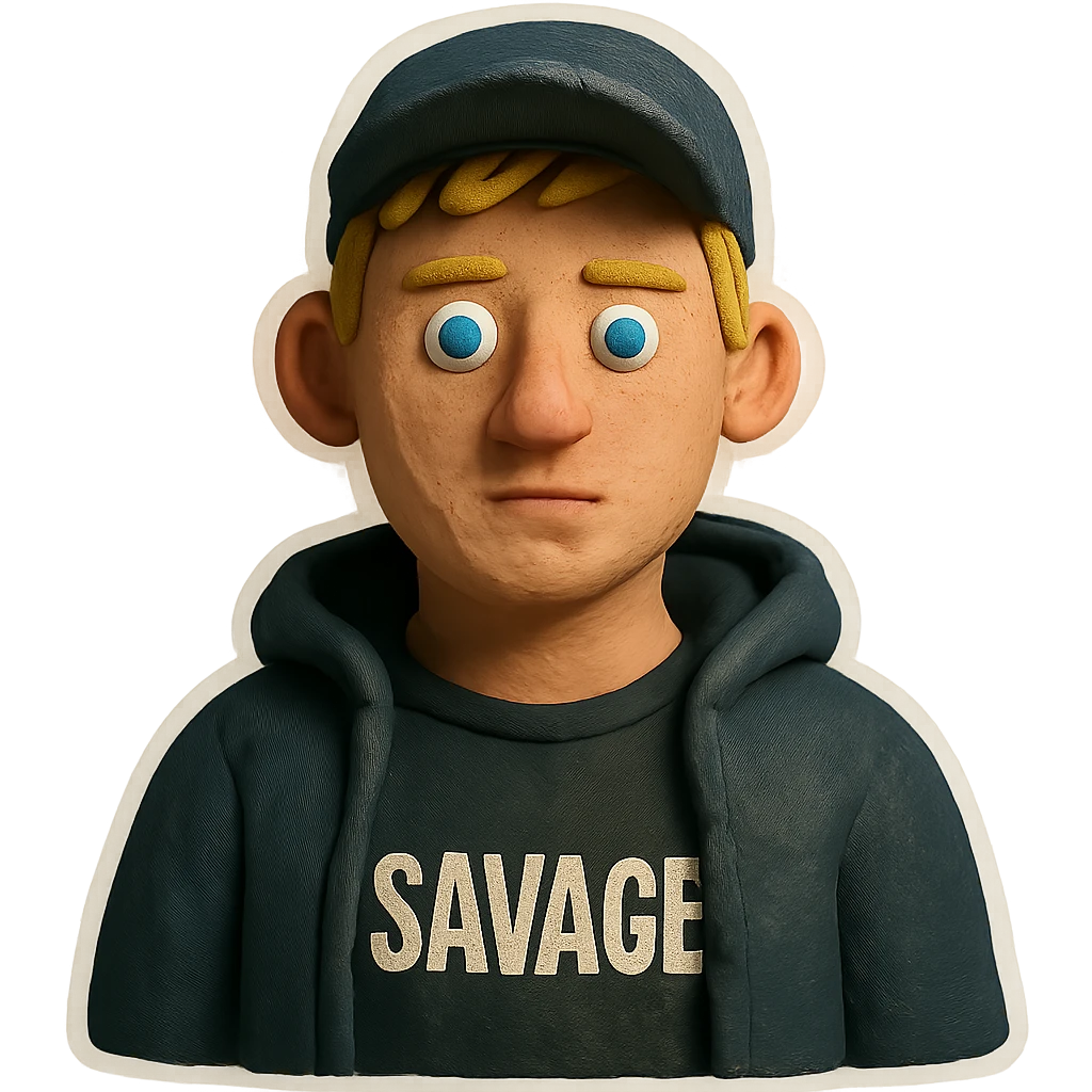 young man with short blonde hair, blue eyes, light skin, dark cap, dark hoodie over a "SAVAGE" t-shirt, white outline sticker effect emoji