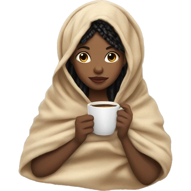 African American girl with black medium knotless braids drinking coffee with a blanket around her head and body  emoji