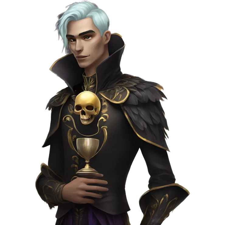 Hamlet young skinny man iridescent hair wearing raven feathers with a gilded hourglass and golden flames holding a skull emoji