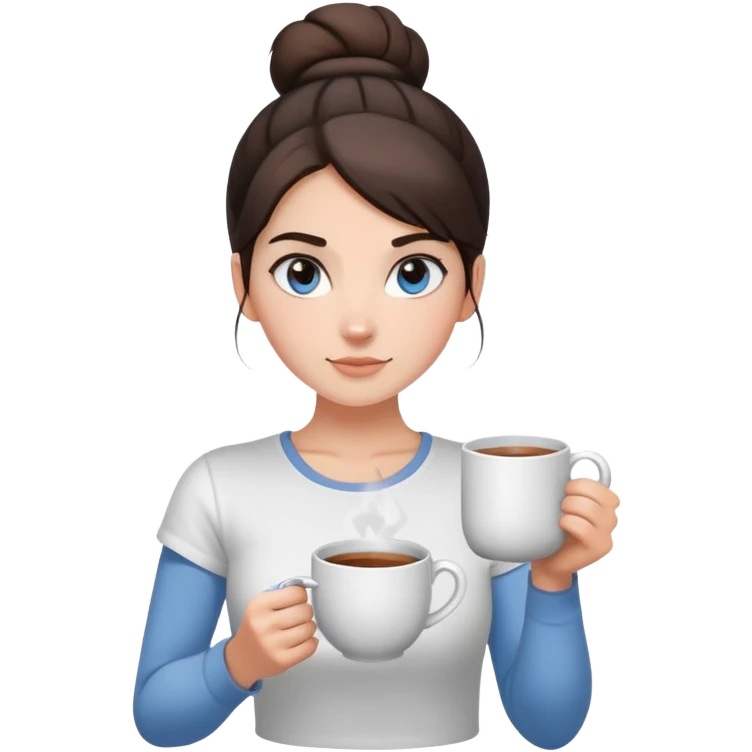 With her dark brown hair pulled back in a bun, and captivating grey-blue eyes, the girl holds a mug of tea, the steam rising like a gentle promise of warmth, clad in a simple white t-shirt.  emoji