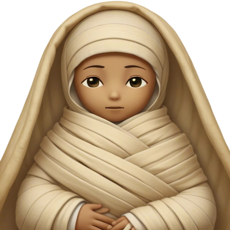 A snug, cozily wrapped mummy, fully encased in soft, slightly loose bandages, even its face gently hidden behind folds with only a tiny glimpse of sleepy eyes, nestled in warm, faded tones with gentle golden accents, simplified yet irresistibly charming, highly detailed with a soft glowing outline capturing the peaceful aura of an ancient being drifting into rest! emoji