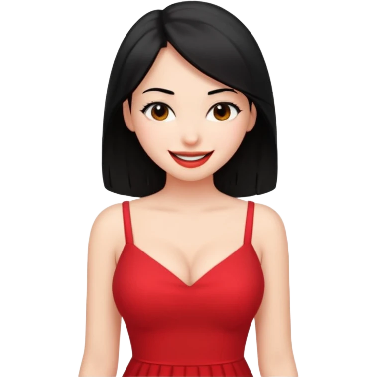 Chica joven pelo sémi largo color negro lacio delgada con con pechos grandes vestido rojo con sonrisa amigable y guiñando el ojo emoji