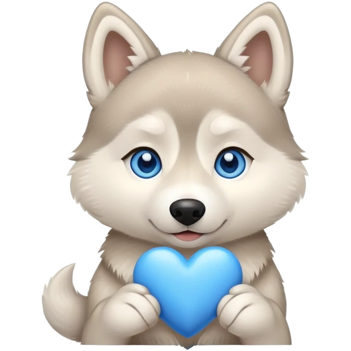 Beige husky with blue eyes holding a blue heart emoji
