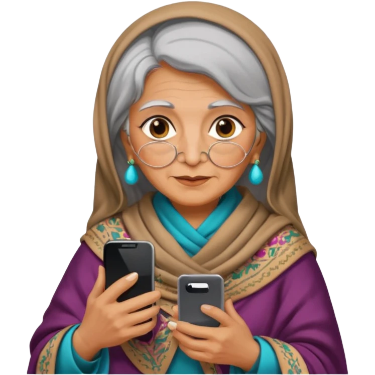 persian old woman Persian shawl with smartphone, half body emoji