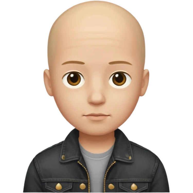  a boy with bald head, black jeans jacket, plain forehead emoji