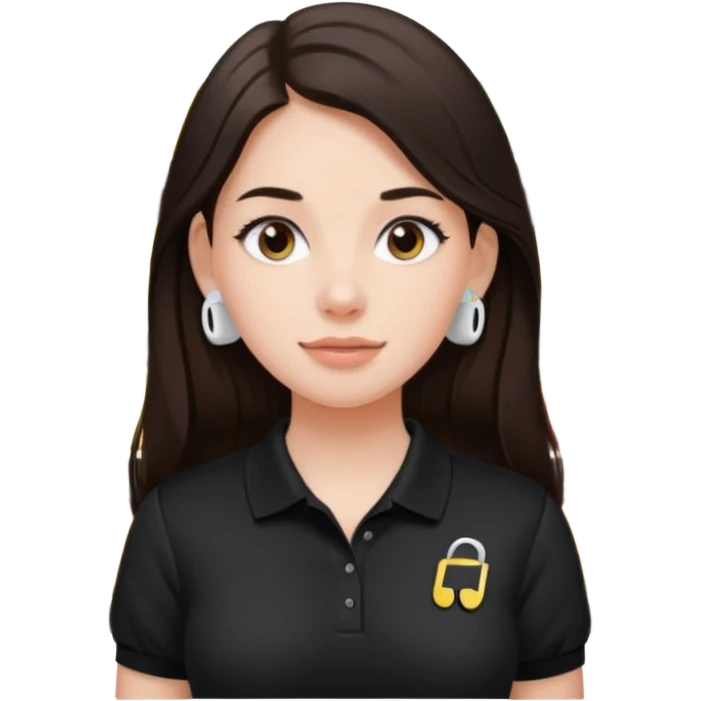 Girl with long dark brown hair with airpods wearing a black wegmans grocery store polo emoji