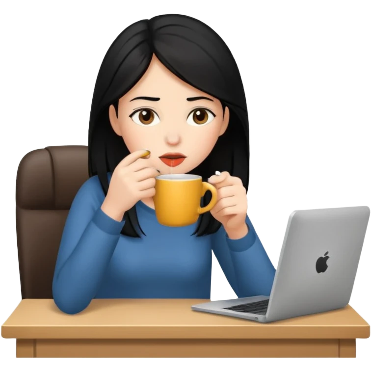 컴퓨터로 작업하면서 커피를 많이 마시고 있는 피곤해보이는 검은머리 여자 emoji