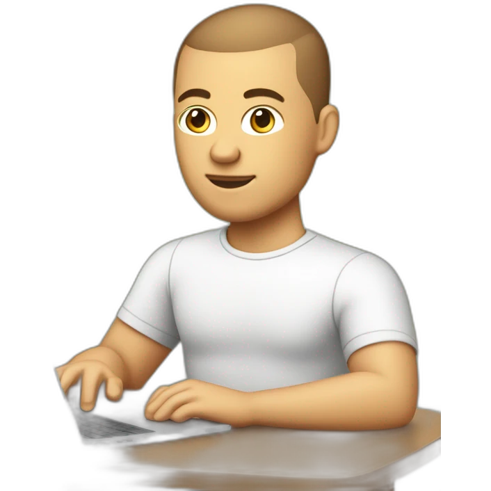 software engineer (white male, brown buzz cut hair, white gold earrings) in front of laptop, apple-style emoji