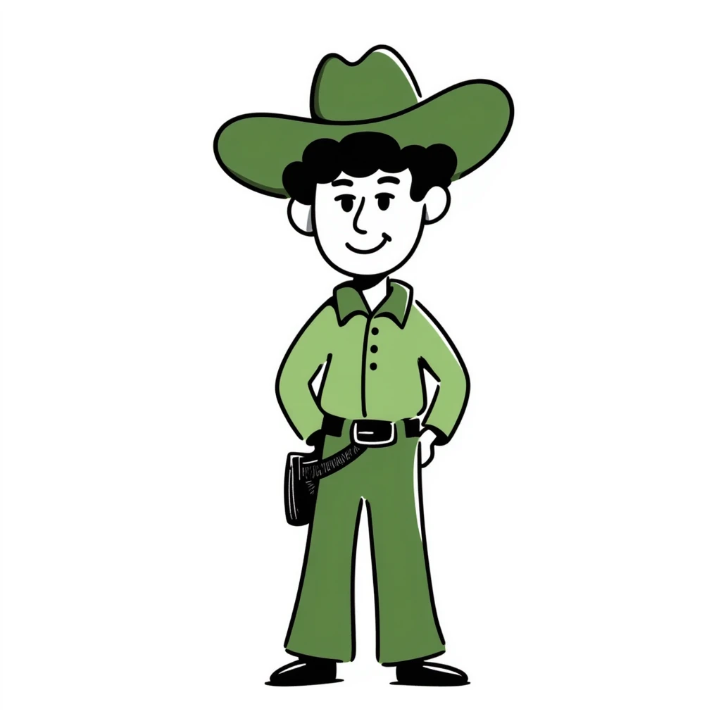 Hand-drawn cowboy character with green shirt, green pants, and matching green cowboy hat, western style emoji