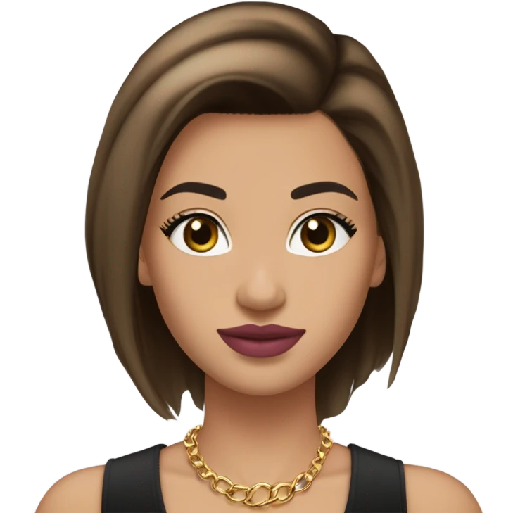 Medium-light skin, straight medium brown hair, dark brown almond eyes, full pink lips, defined brows, black top, gold necklaces, small hoop earrings emoji